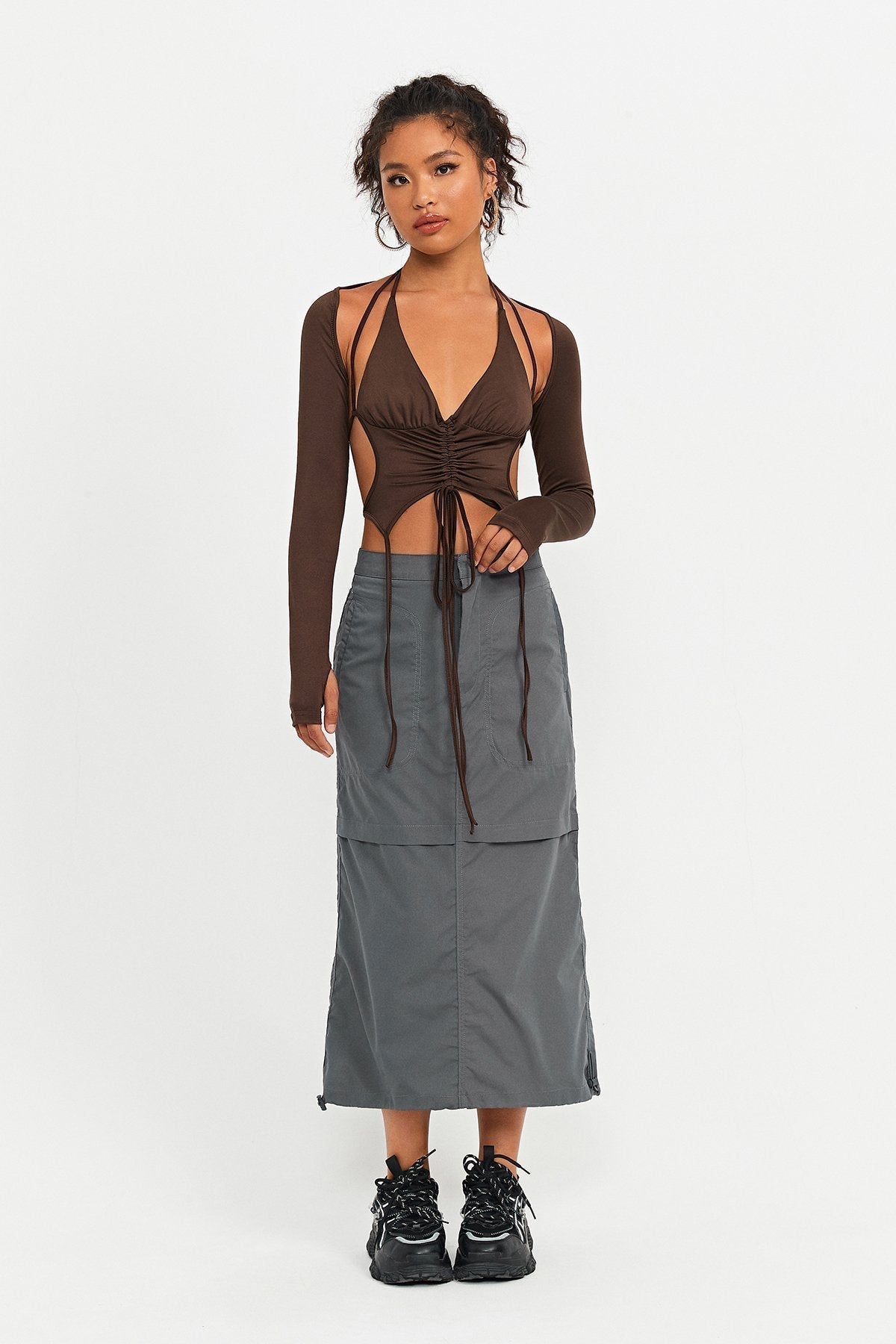 Two Piece Open Back Drawstring Ruched Crop Top