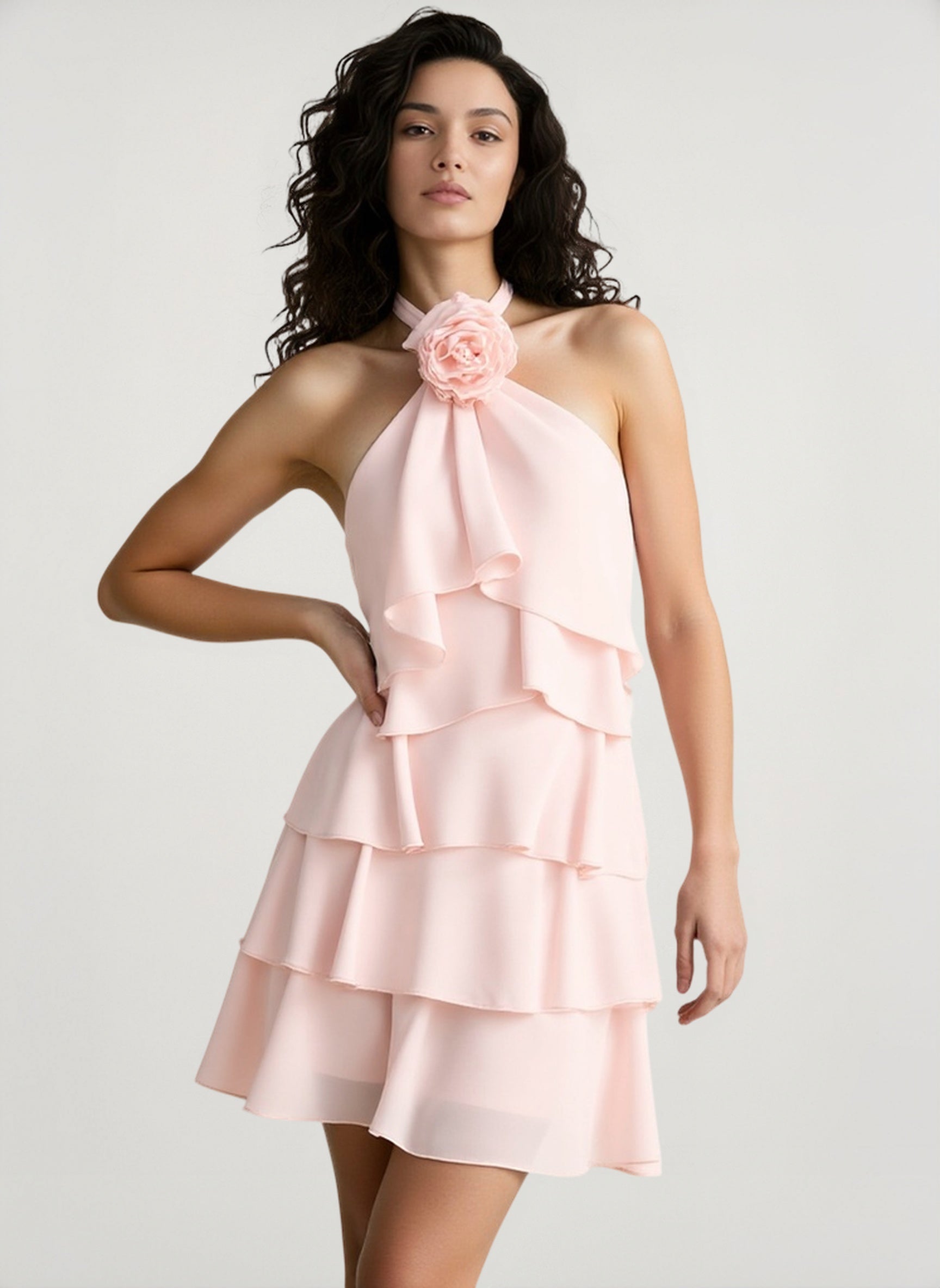 Halter Backless Floral Ruffle Mini Dress