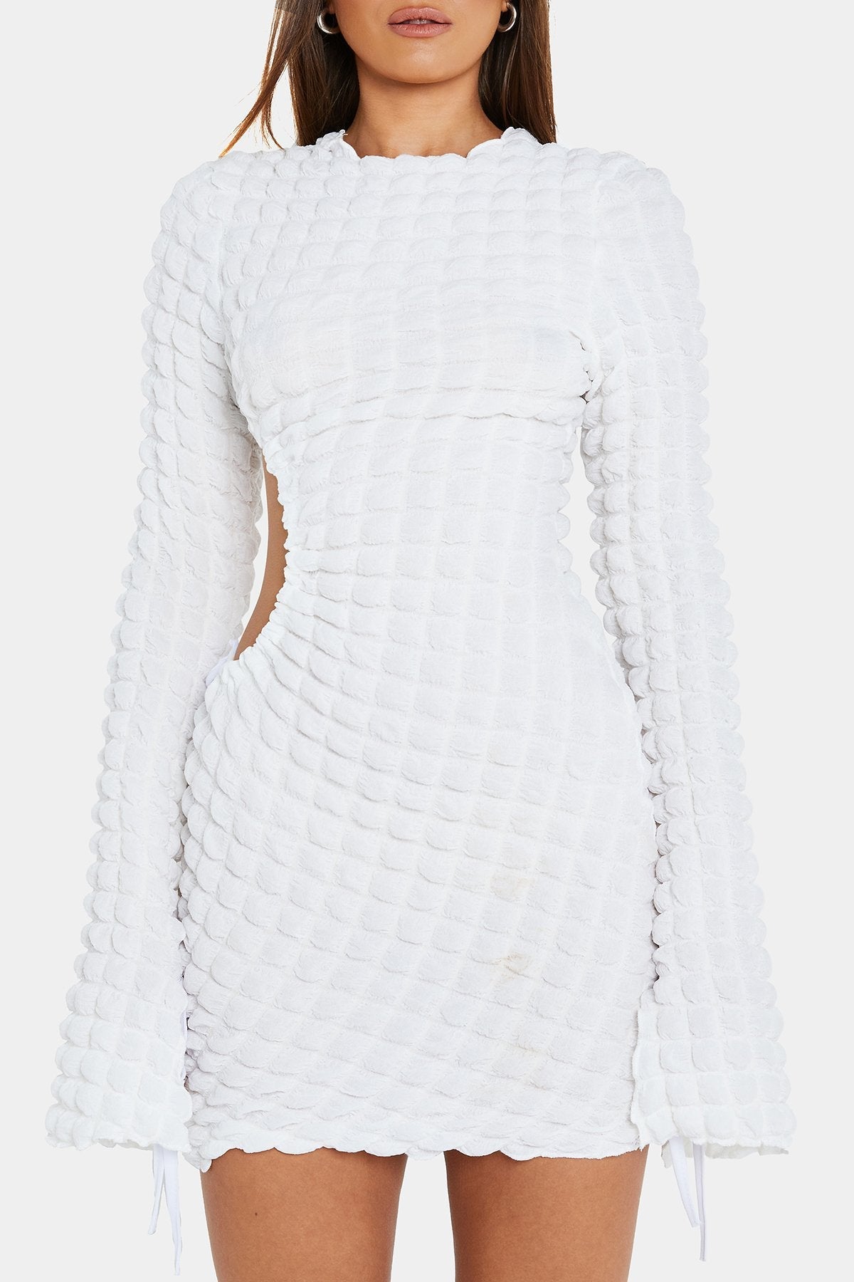 Bubble Textured Cut Out Flared Sleeve Mini Dress