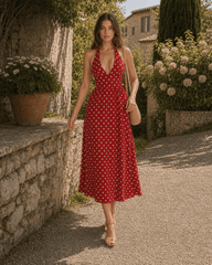 Red Polka Dot V-Neck Halter Backless Maxi Dress