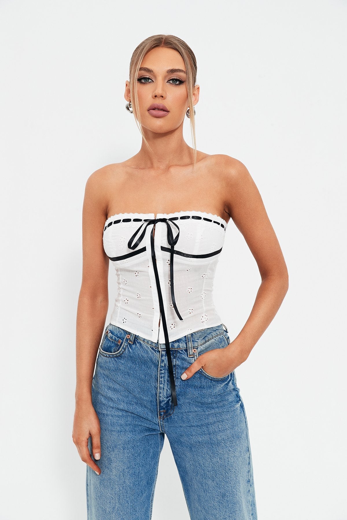 Off Shoulder Colorblock Trim Tie Front Jacquard Corset Top