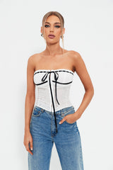 Off Shoulder Colorblock Trim Tie Front Jacquard Corset Top
