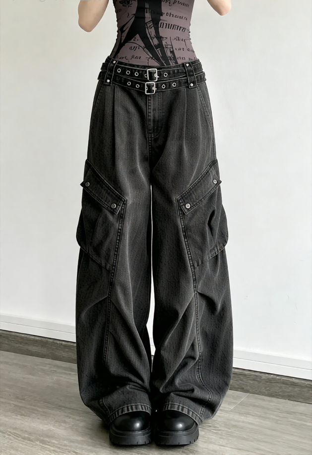 Denim Large Pocket Wide-Leg Cargo Pants