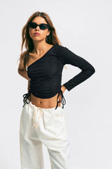 One Shoulder Ribbed Drawstring Long Sleeve Top