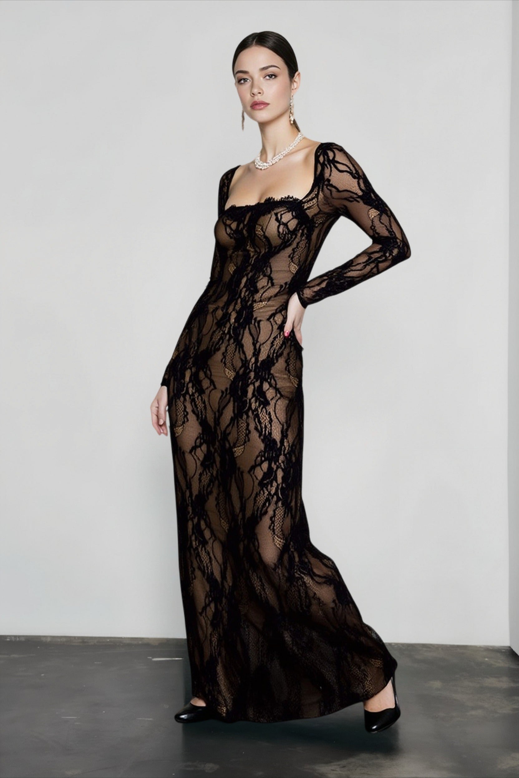 Elegant Square Neck Long Sleeve Lace Dress