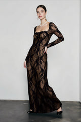 Elegant Square Neck Long Sleeve Lace Dress