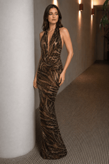 Sleeveless Halter Deep V Leopard Party Dress