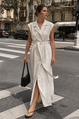Linen Cotton High Waist Slit Tie Maxi Dress