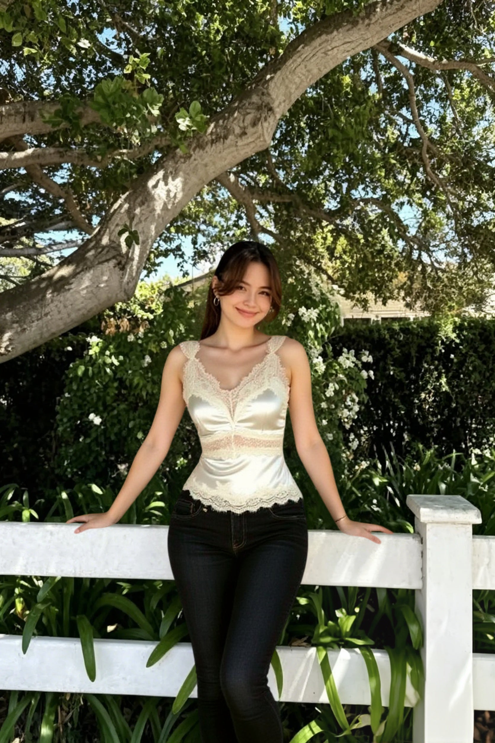 Bow Lace Patch V Neck Solid Tank Top