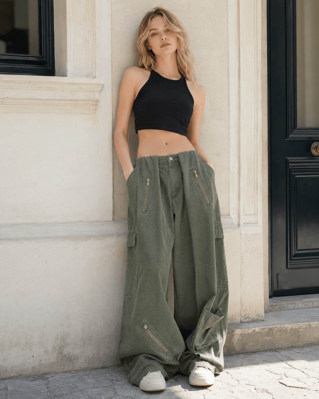 Army Green Parachute High Waist Loose Cargo Pants