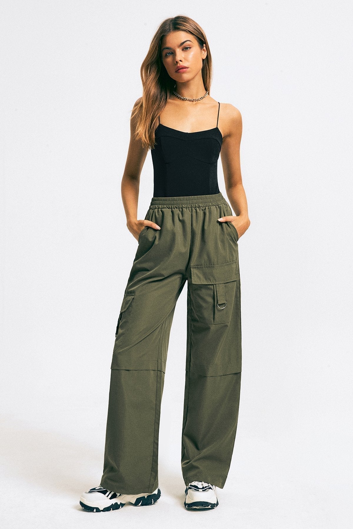 Flap Pocket Elastic Waist Solid Wide Leg Pants