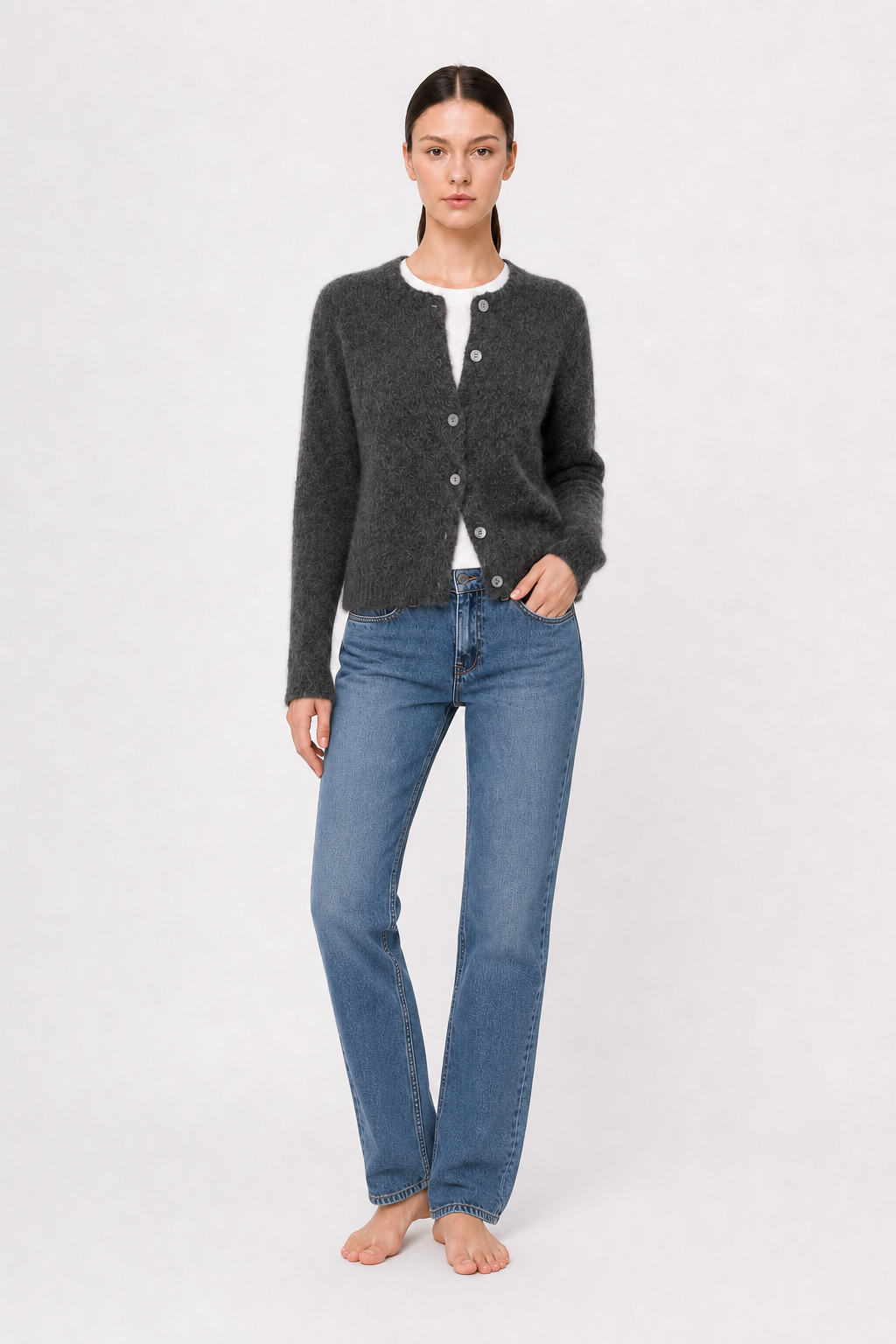 Soft Gray Vintage Shell-Button Knit Cardigan