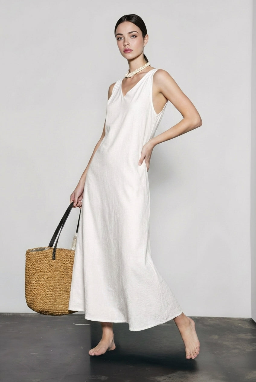 V Neck Linen Blend Sleeveless Vacation Dress