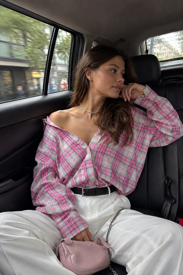 Pink Plaid Loose Fit Button-Up Blouse