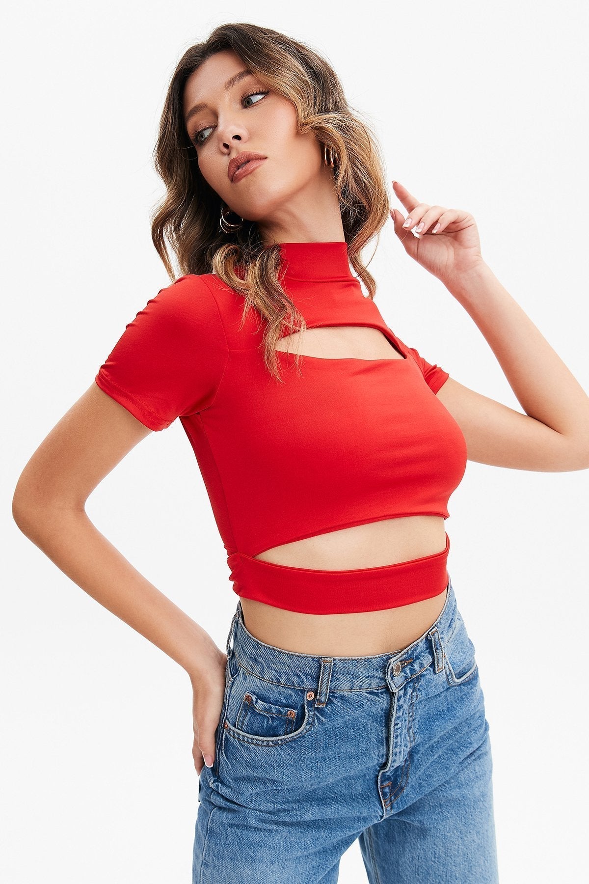 Solid Cut Out Mock Neck Crop Top