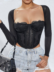 Sheer Long Sleeve Sweetheart Lace Skinny T-Shirt