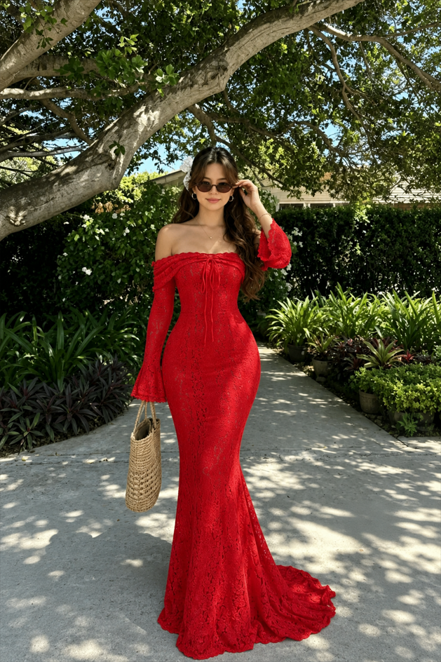 Off Shoulder Lace Flare Sleeve Fitted Train Elegant Maxi Dress