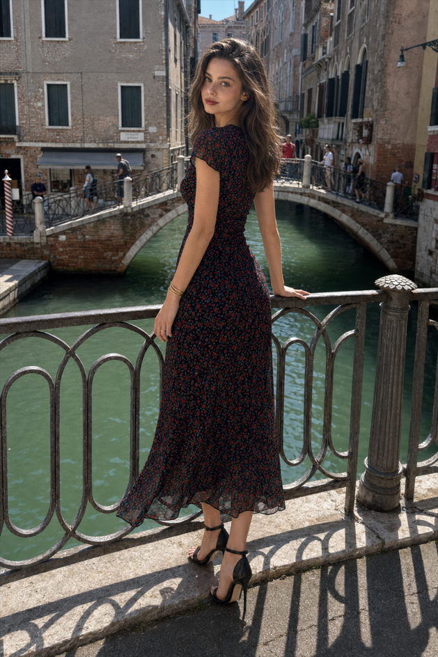 Black Rose V Neck Slim Fitted Bodycon Floral Dress