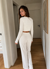 Knitted Cotton Jacquard Cropped Long Sleeve Three Piece Set