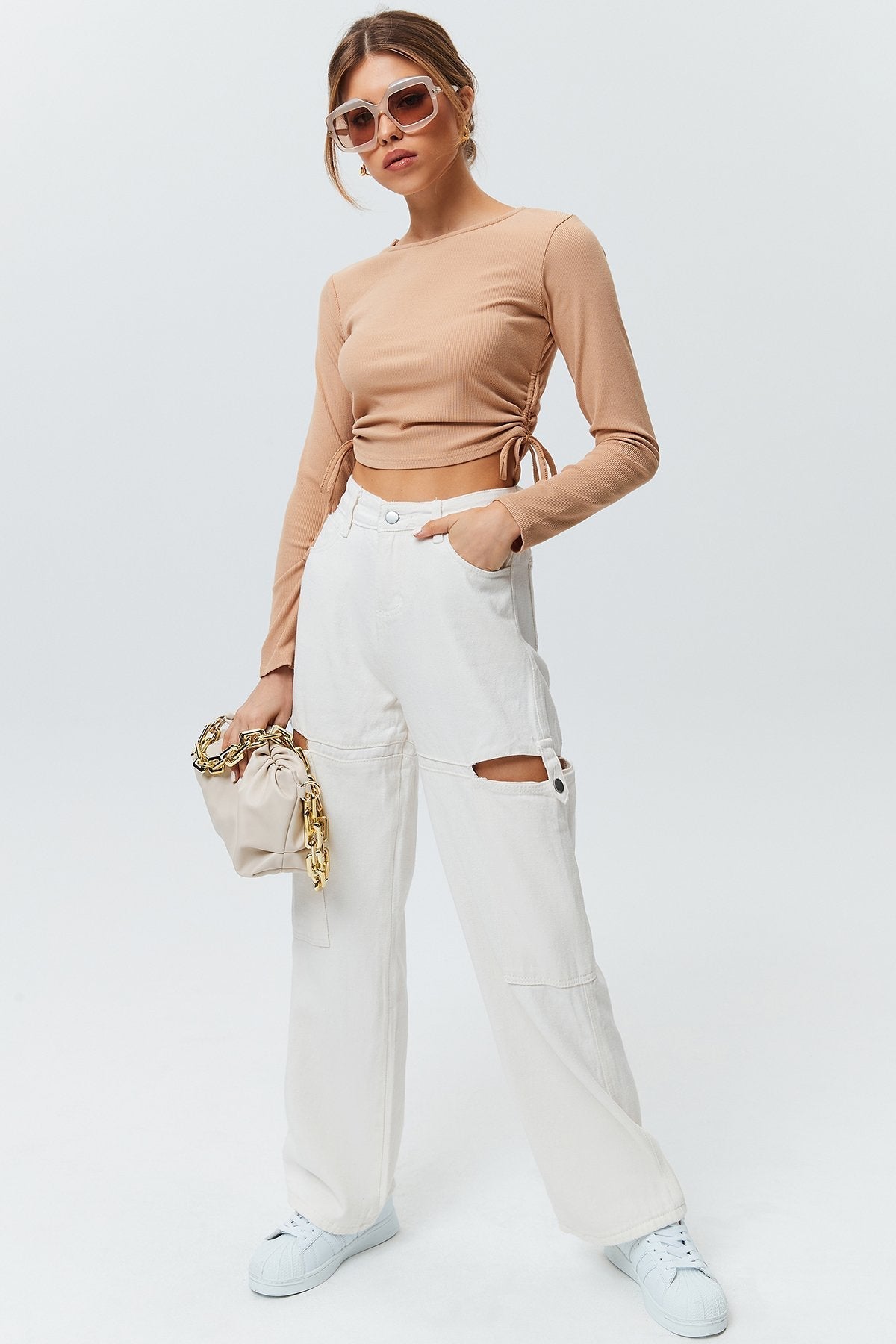 Cut Out Zip Up Straight Leg Casual Pants
