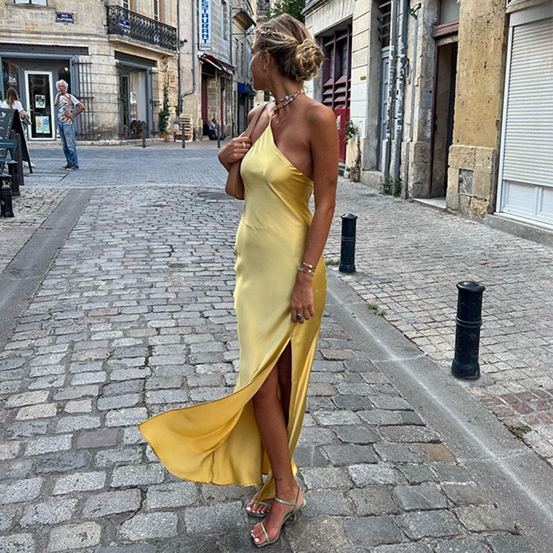 Satin Backless Split Thigh Long Dress