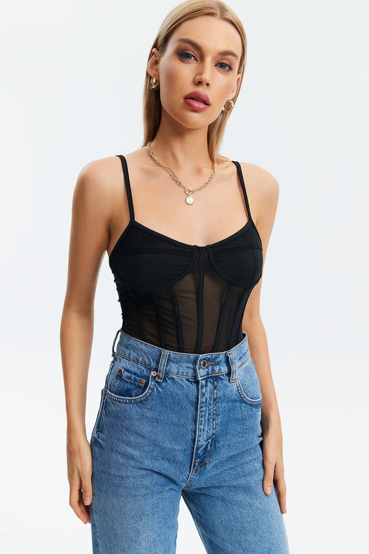 Mesh Splicing Boning Backless Bodysuit