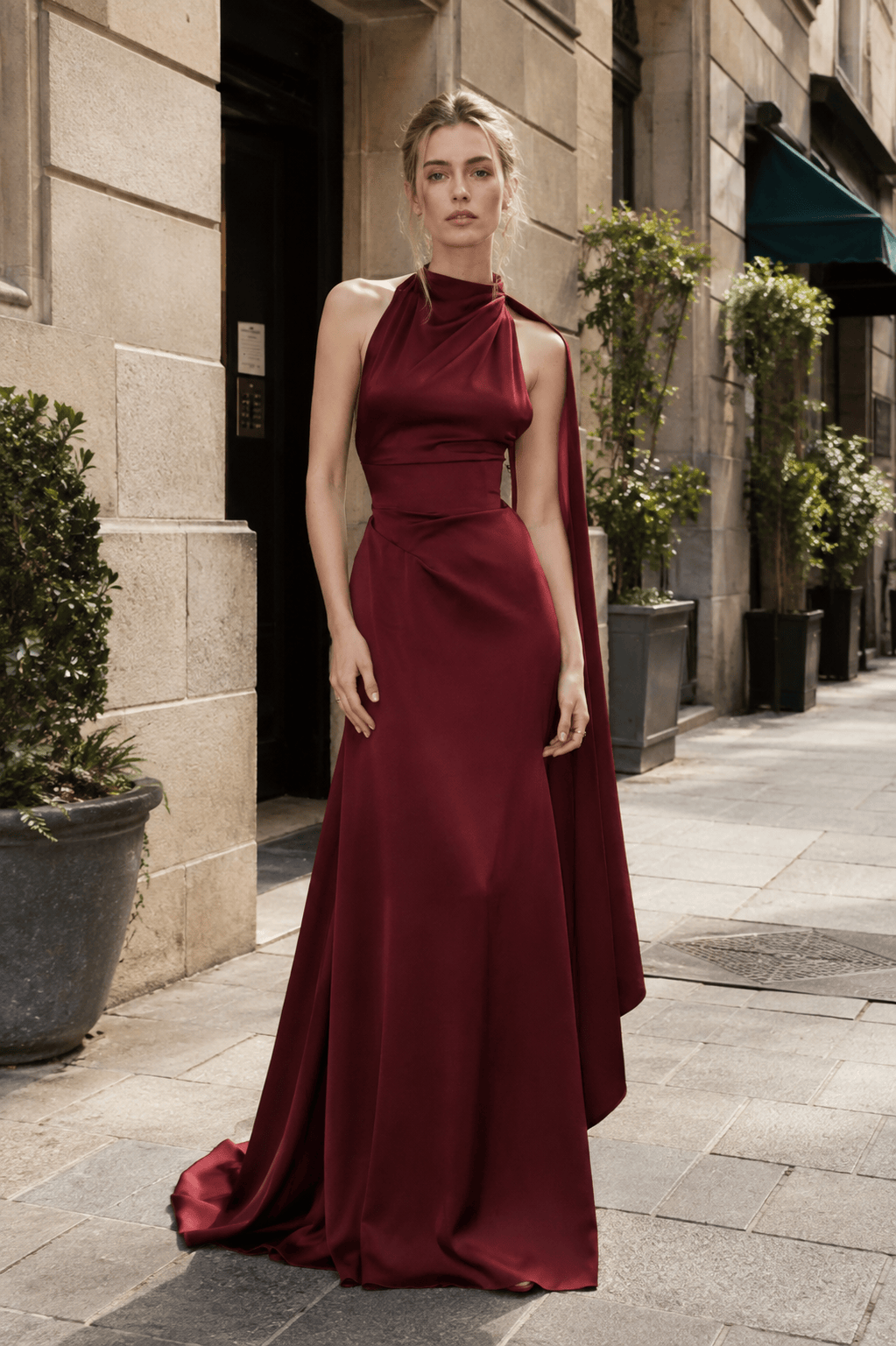 Halter Satin Elegant Solid Color Prom Dress