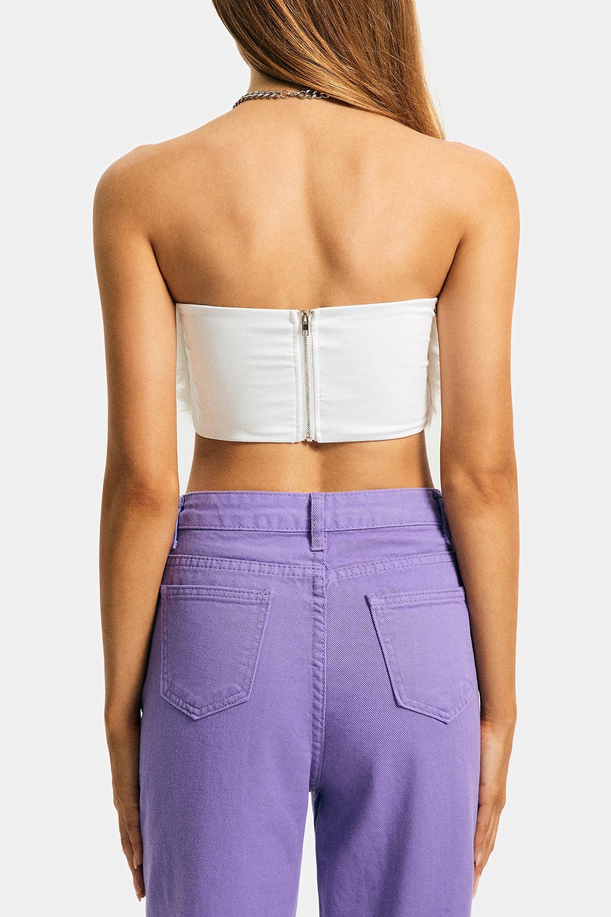 Fuzzy Off Shoulder Zipper Backless Tube Crop Top