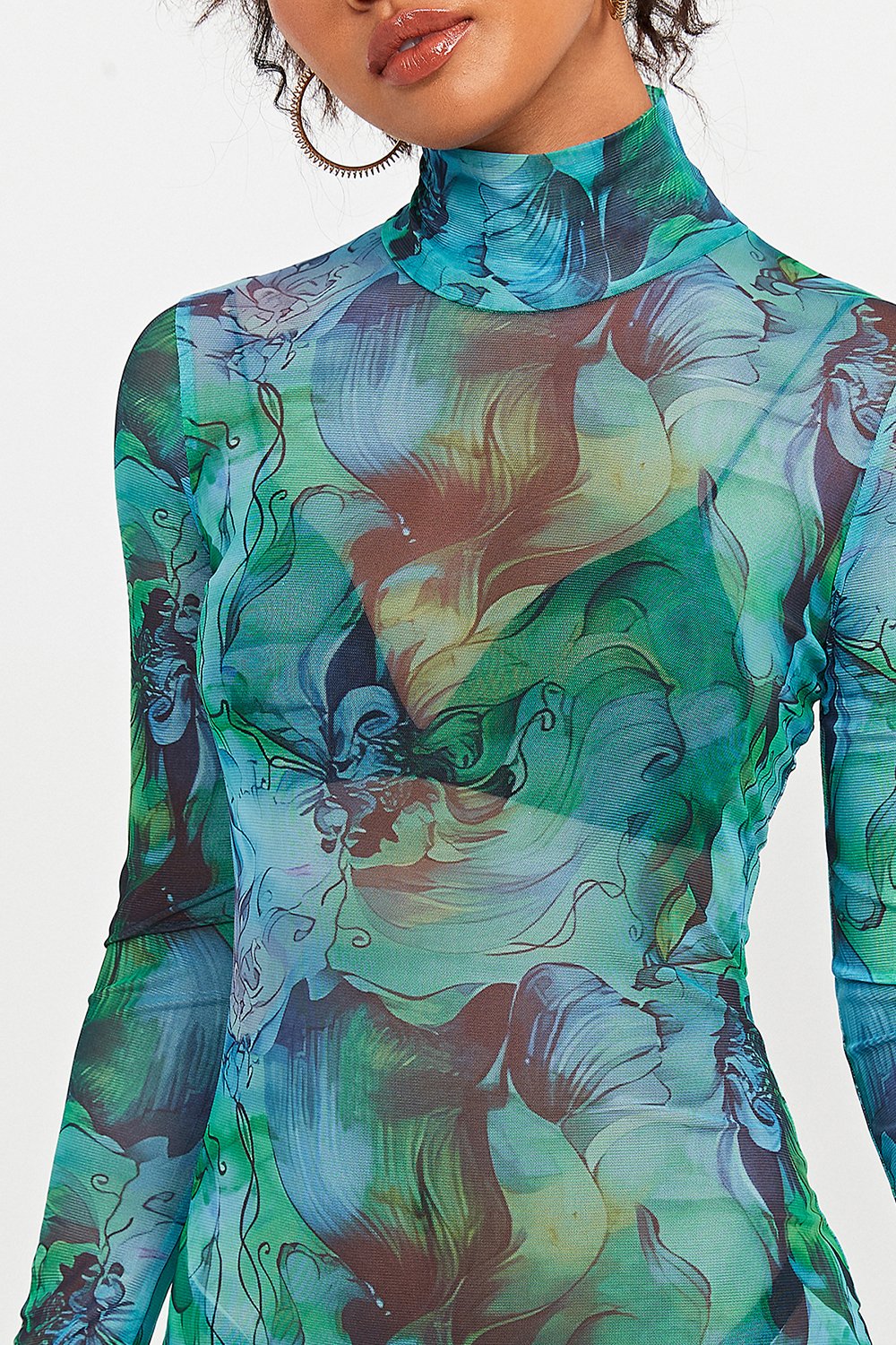 Abstract Print Split Hem Mesh Long Sleeve Mini Dress Without Underwear