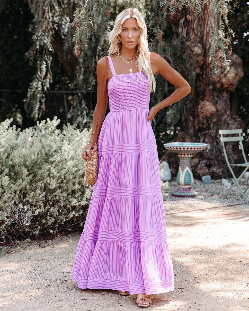 Pinstripe Shirred Backless Long Cami Dress