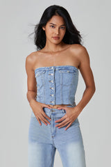 Off Shoulder Button Front Shirred Crop Top