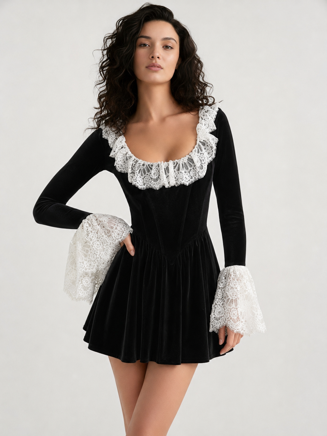 Sexy Square Neck Lace Trim Flared Sleeve Mini Dress