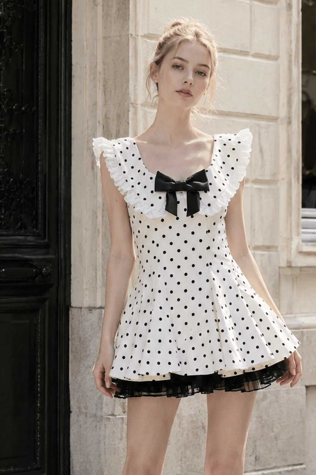 Vintage Polka Dot Bow Collar Ruffled Mini Dress