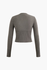 Round Neck Button Up Long Sleeve Knit Crop Top