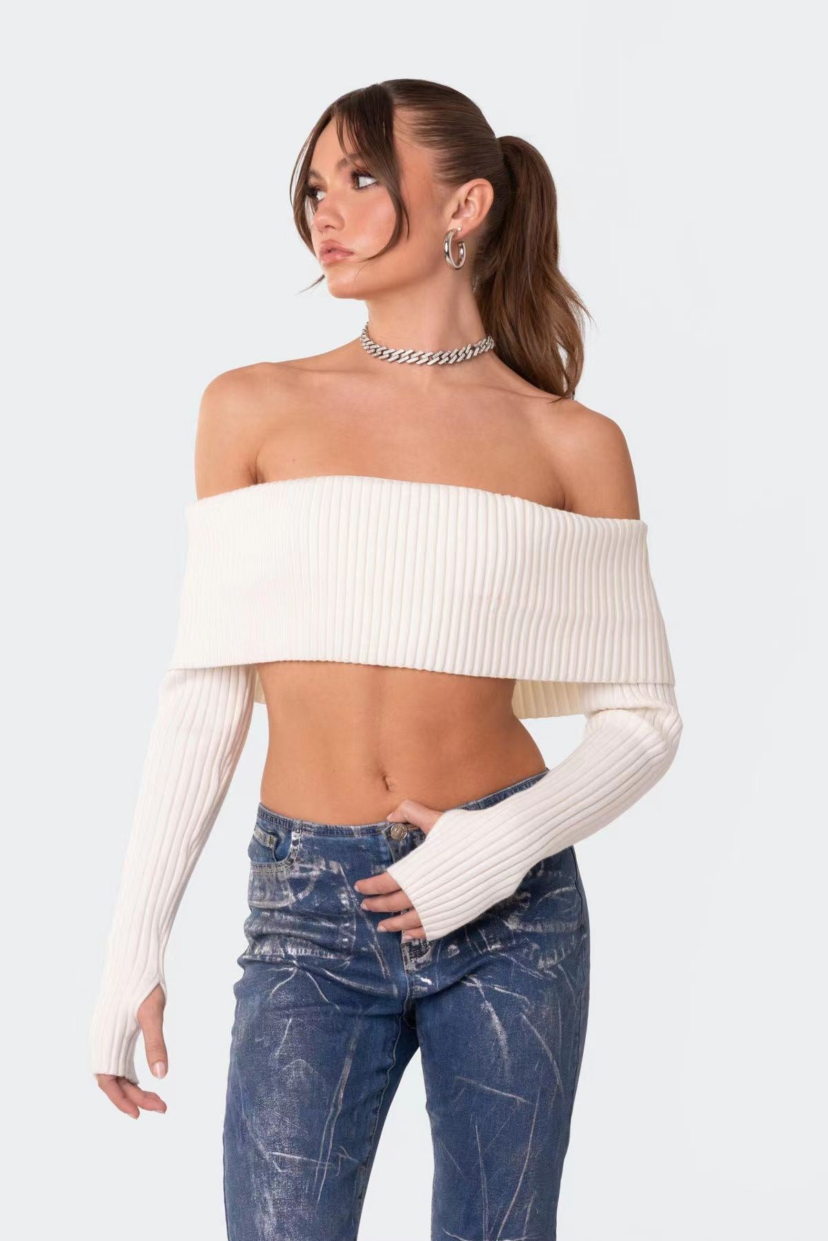Off Shoulder Wrap Crop Knit Top