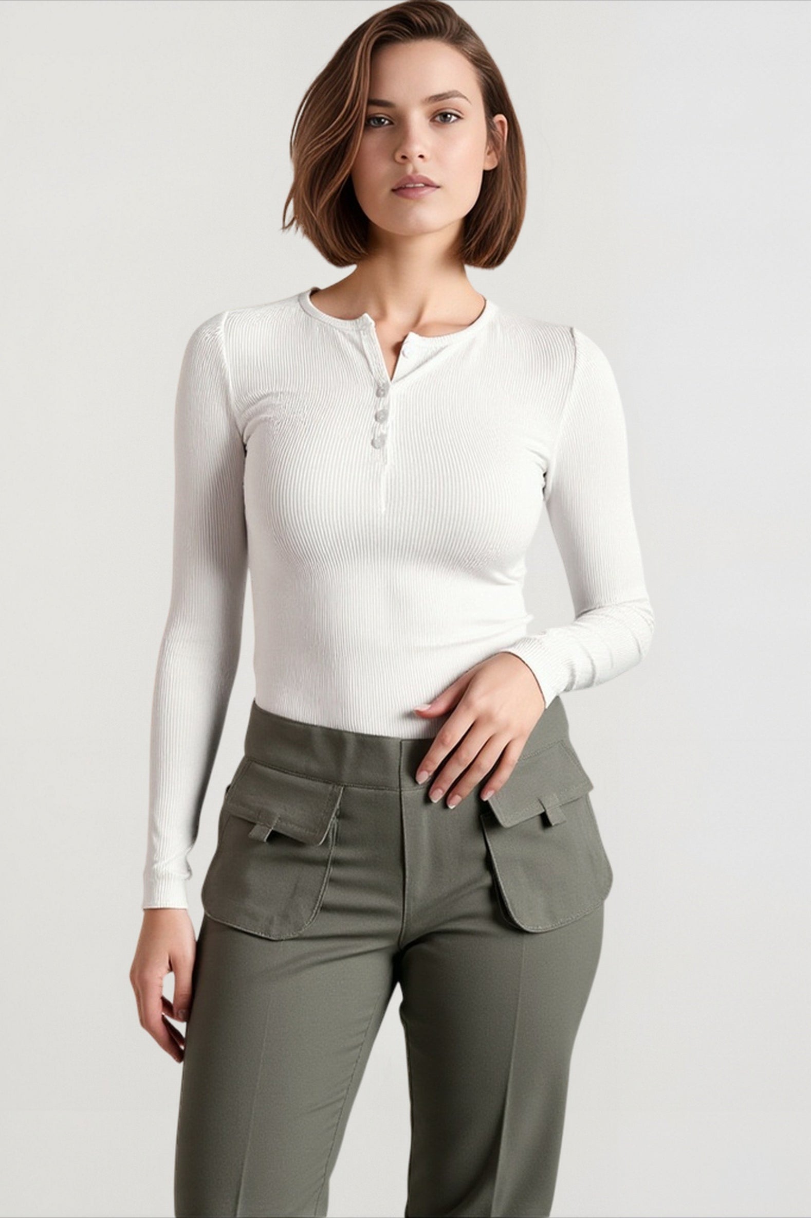 Spring Autumn Knitted Long Sleeve Solid Color Buttons Up Ribbed V-neck Streetwear T-shirts