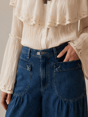 Ruched Mid Rise Wide Leg Jeans