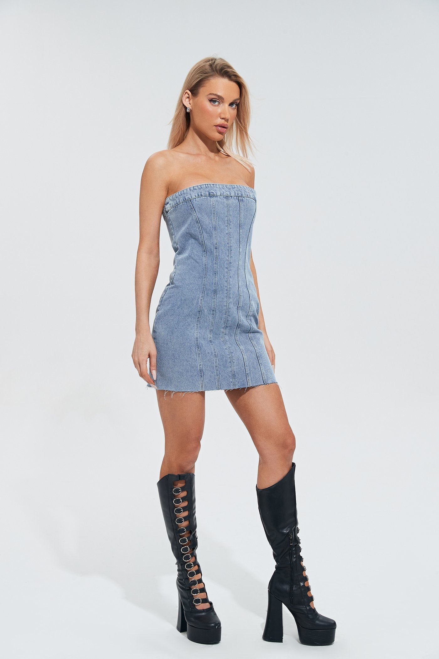 Off Shoulder Raw Hem Cinched Waist Denim Dress
