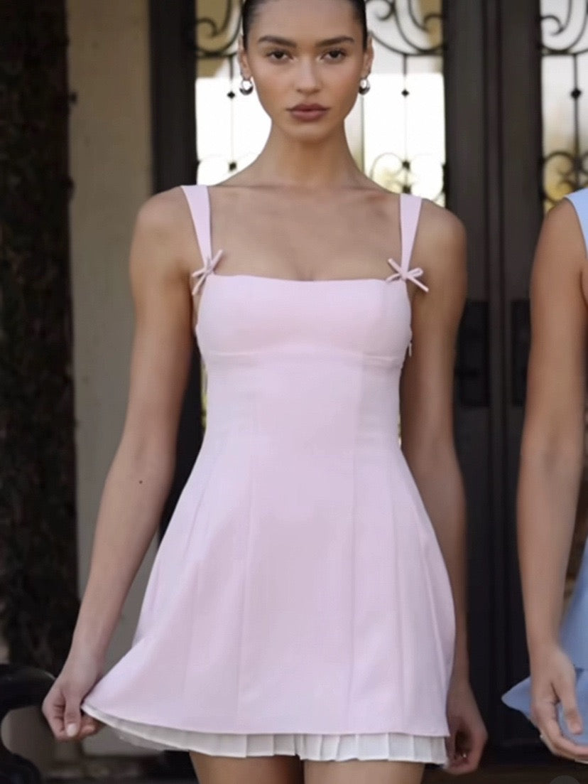 Bow-Detail Pleated A-Line Mini Dress