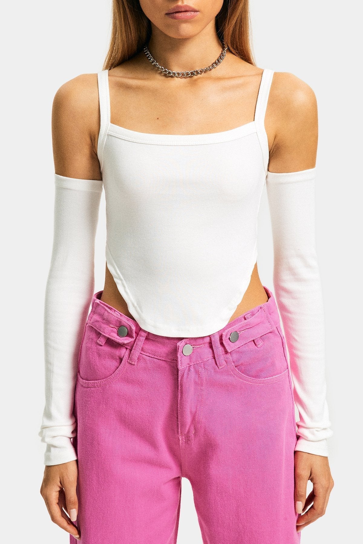 Curved Hem Solid Ribbed Crop Cami Top With Oversleeve