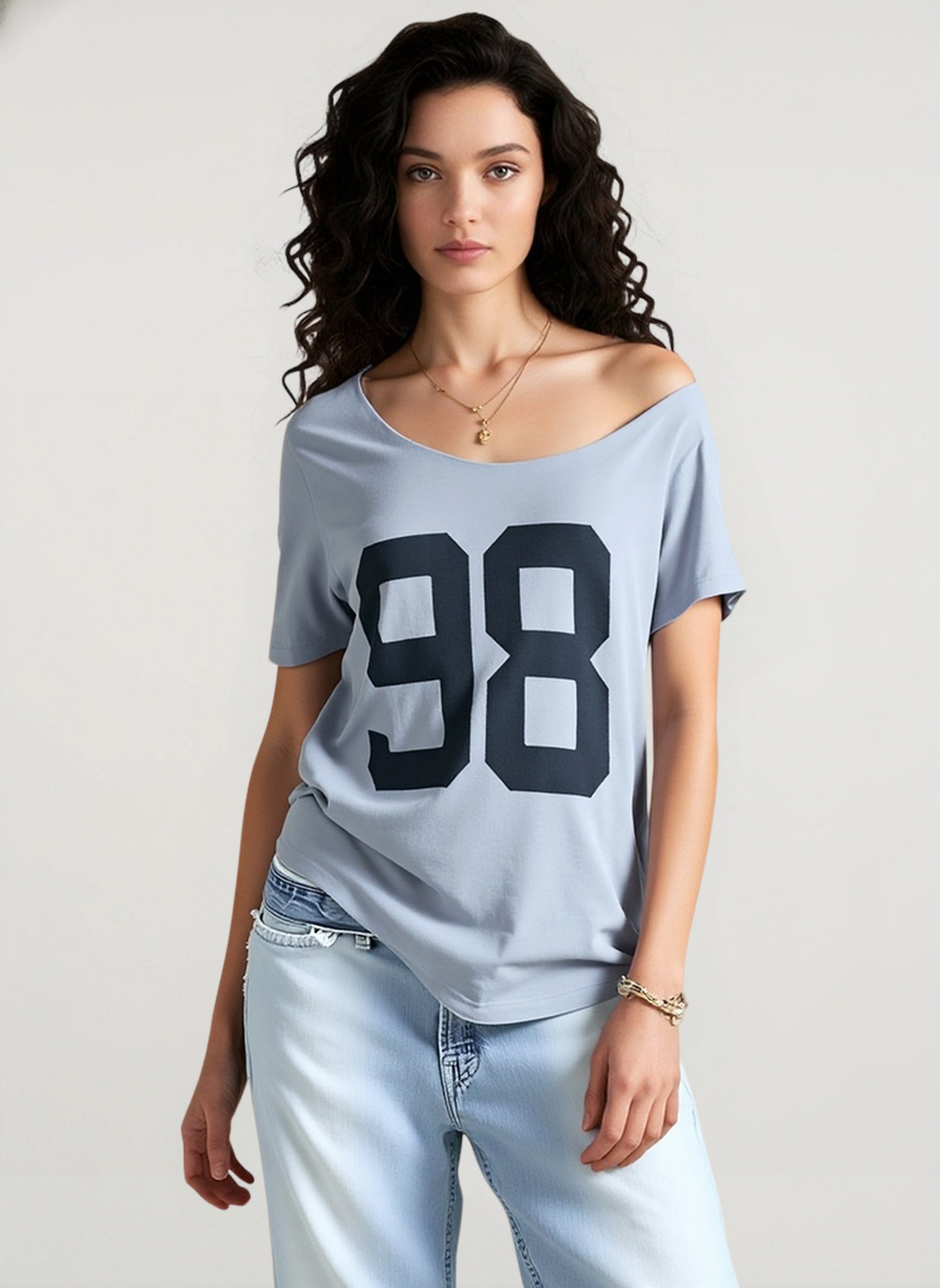 Slouchy Number Print Off Shoulder T-Shirt
