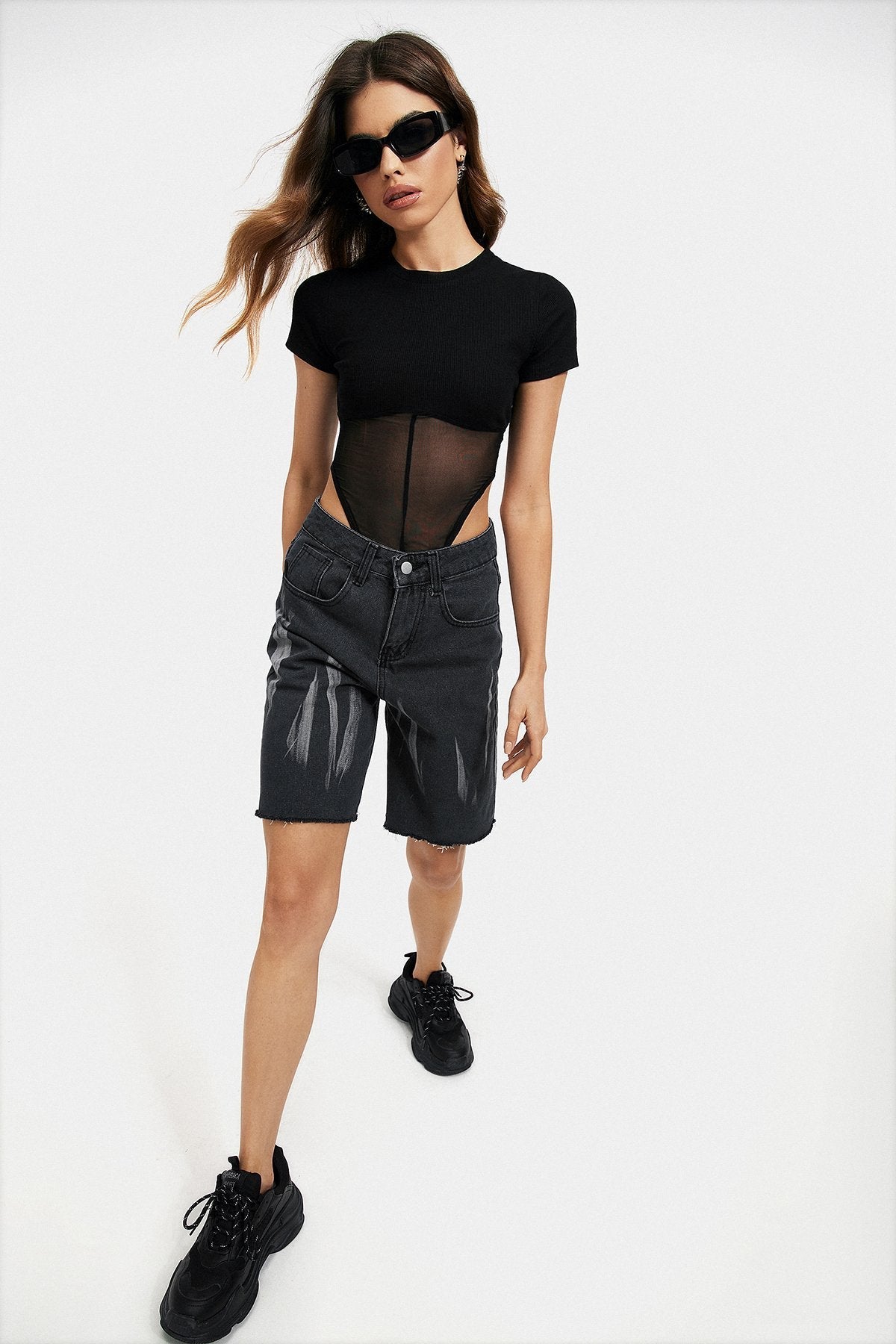 Mesh Splicing Short Sleeve Solid Bodysuit