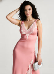Lace Spaghetti Strap Silk-Like Slit Maxi Dress