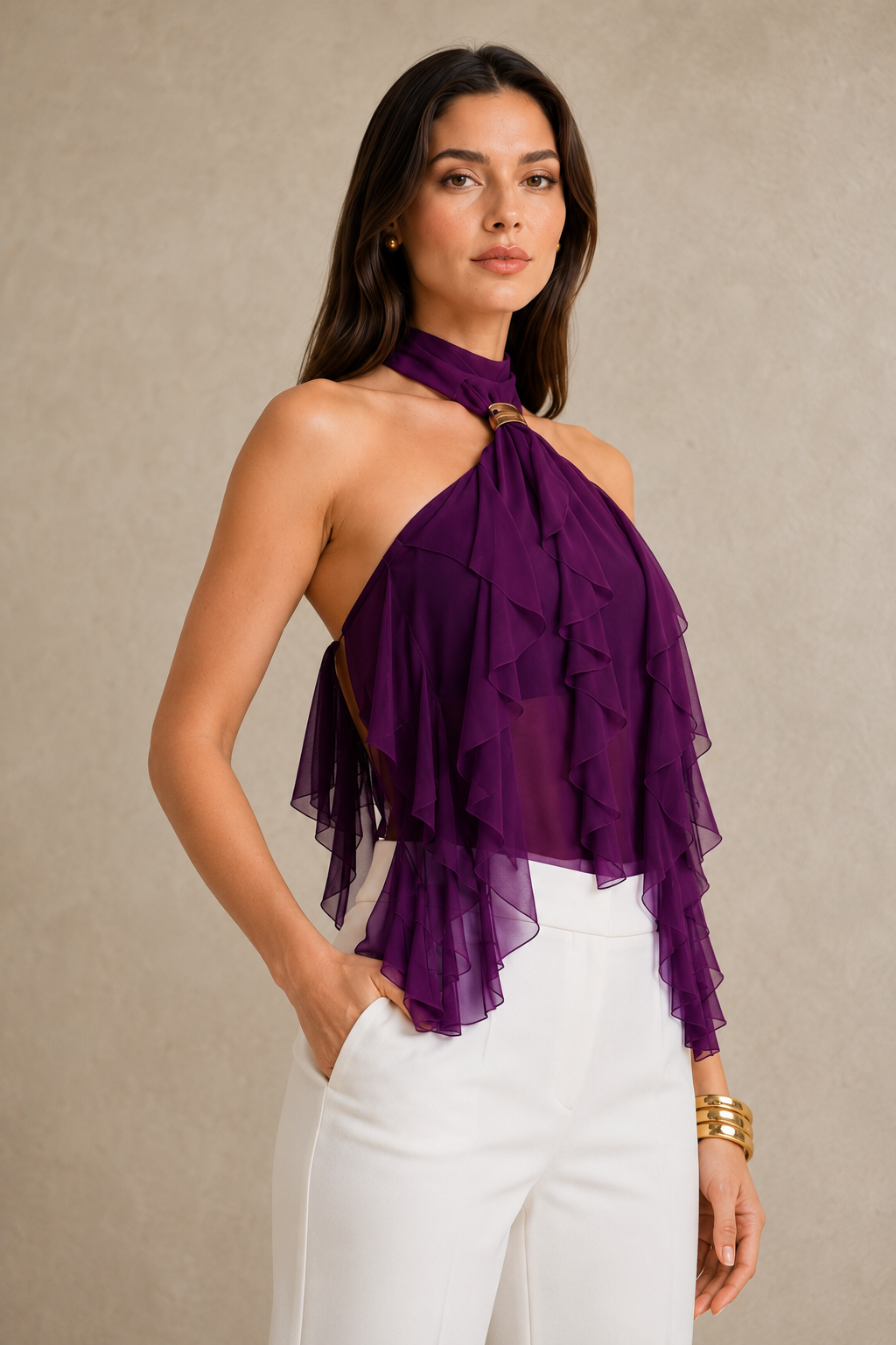 Chic Solid Ruffle Slim Halter Top