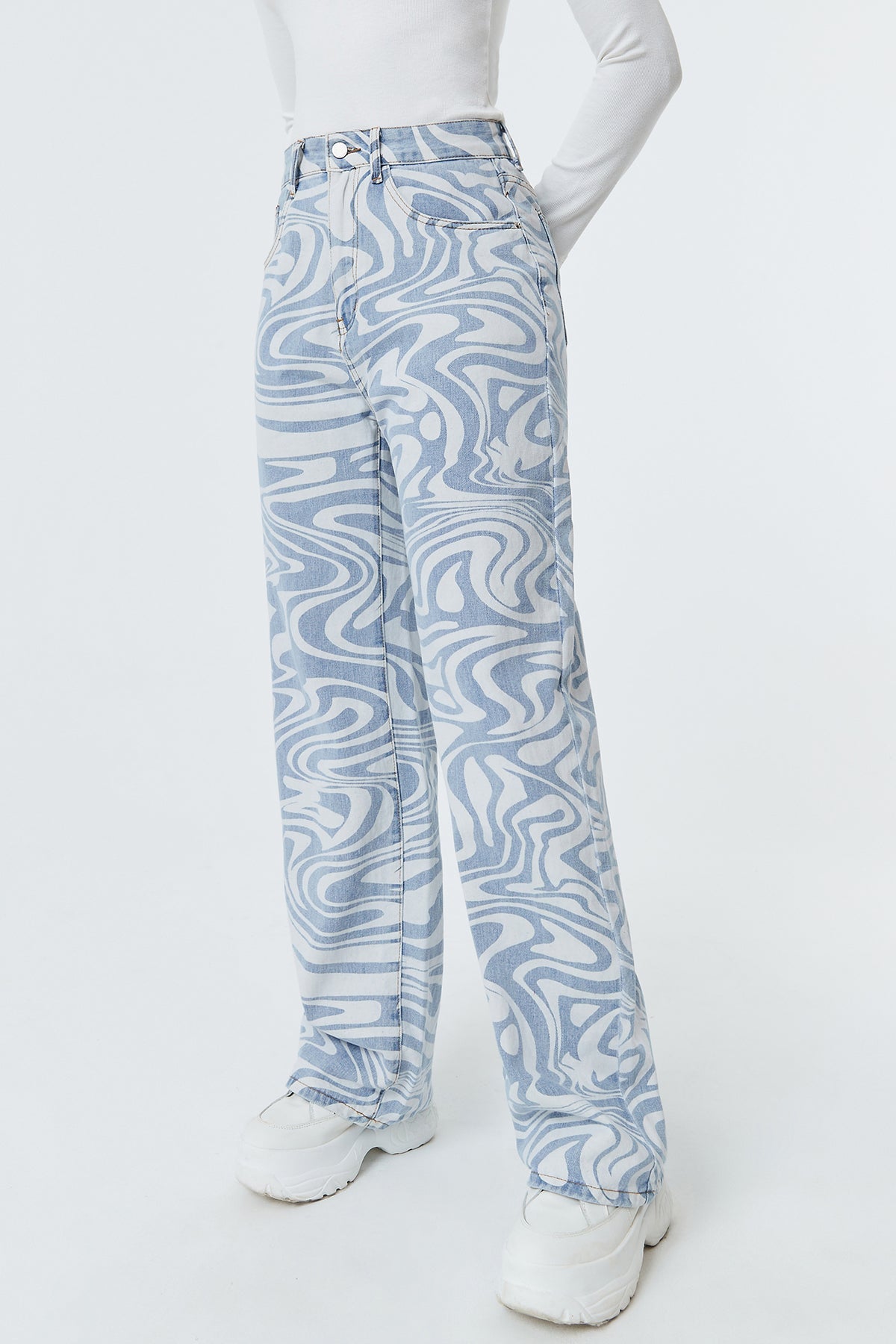 Wave Print High Waist Straight-leg Jeans