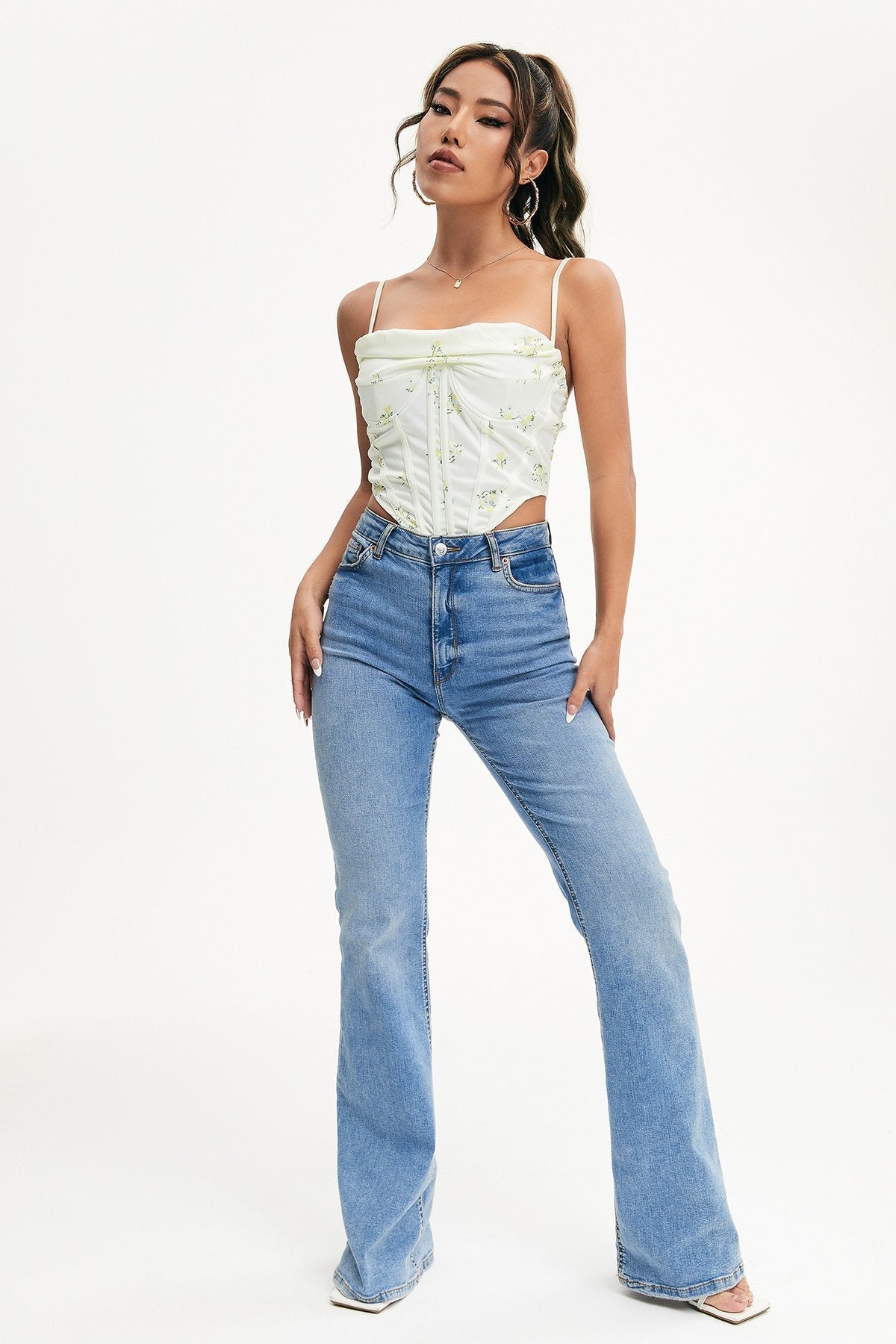 Floral Print Curved Hem Crop Top