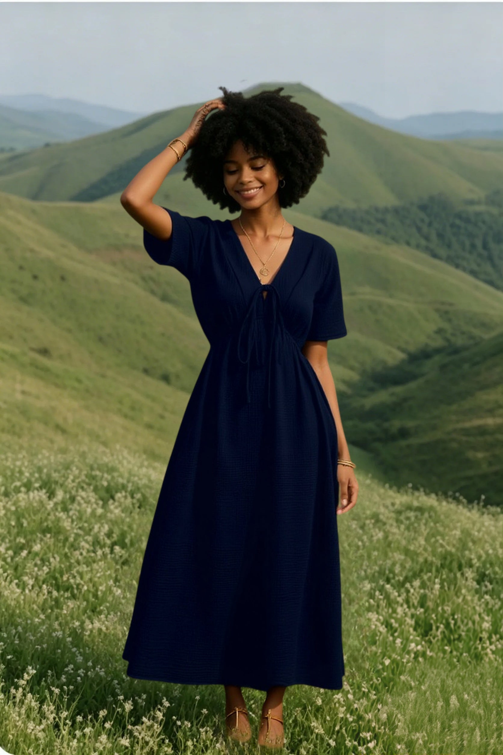 Bohemian Deep V Tie Waist Flowy Boho Dress