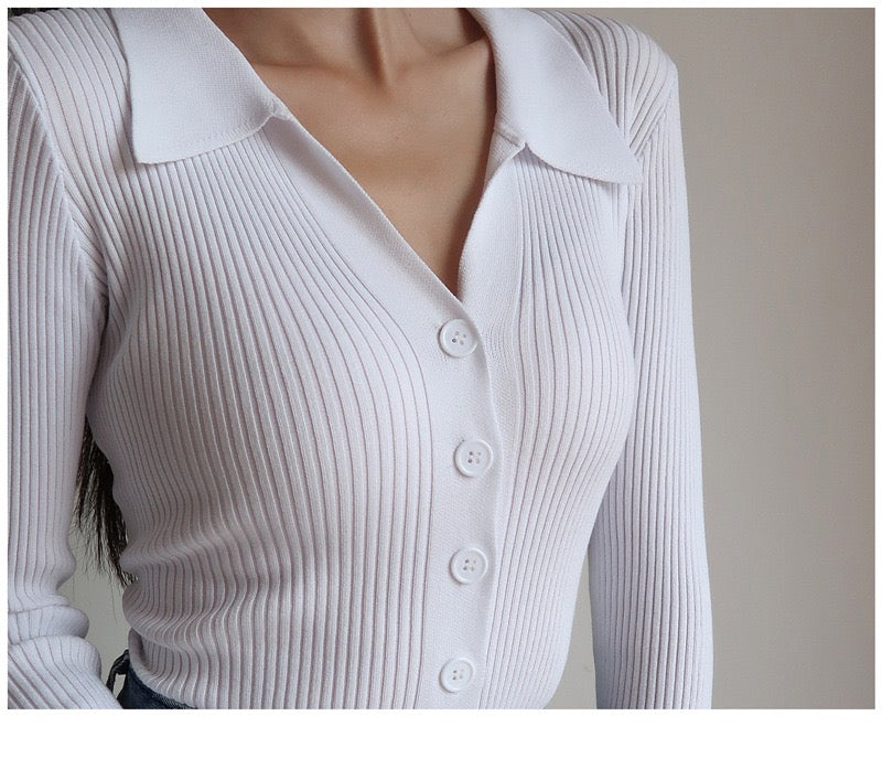 Button Up V-Neck Collar Long Sleeve Rib Knit Top
