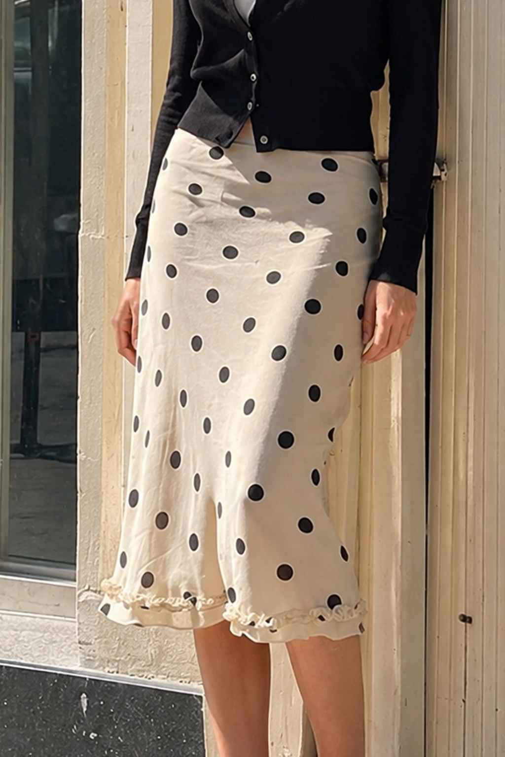 Ruffled Polka Dot A-Line Midi Skirt