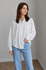 White Cotton Jacquard Stand Collar Blouse